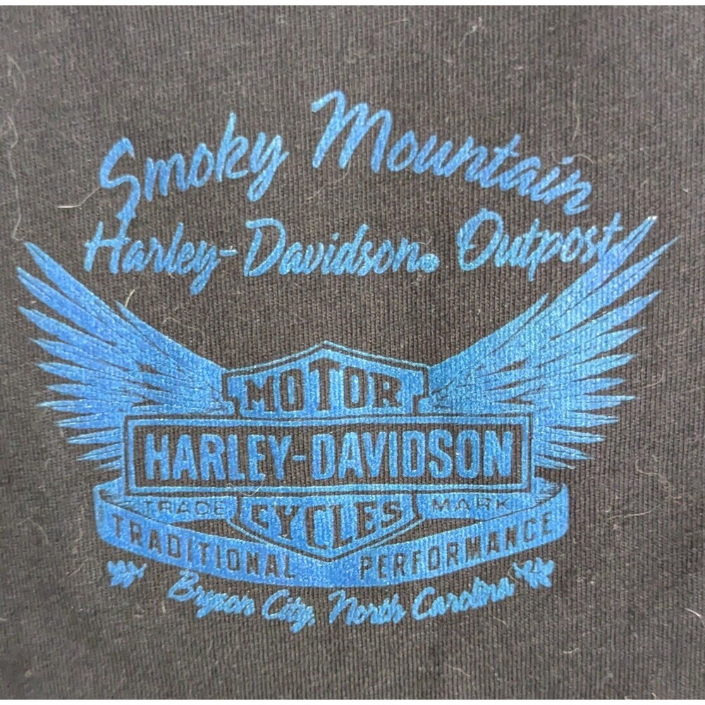 Harley Davidson Black with blue logo women small tshirt Bryson City Outpost